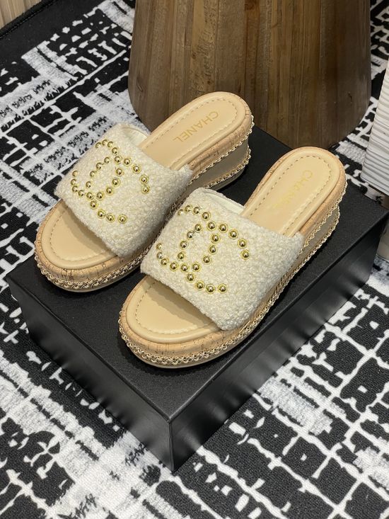 Chanel Woolen Thick Sole Wedge Slide Sandals With Metal Buckle