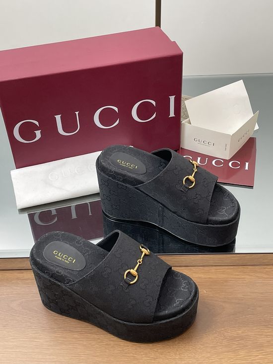 Gucci Embroidered Canvas Platform Wedge Slides With Rubber Sole