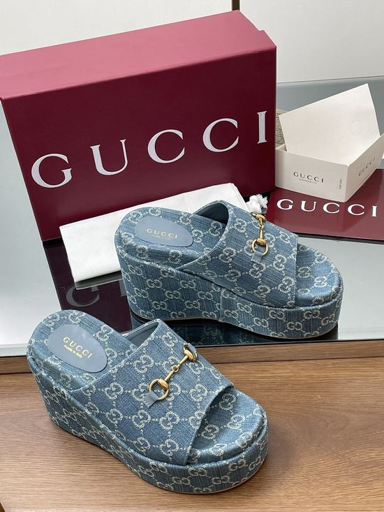 Gucci Denim Canvas Platform Wedge Slides With Rubber Sole