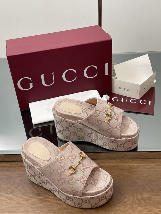 Gucci Embroidered Canvas Platform Wedge Slides With Rubber Sole