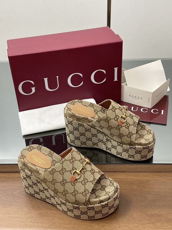 Gucci Embroidered Canvas Platform Wedge Slides With Rubber Sole