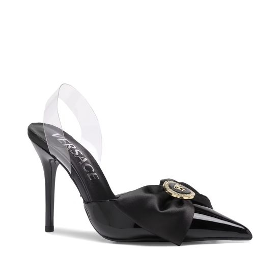 Versace Patent Leather Silk Bow Stiletto Heel Slides