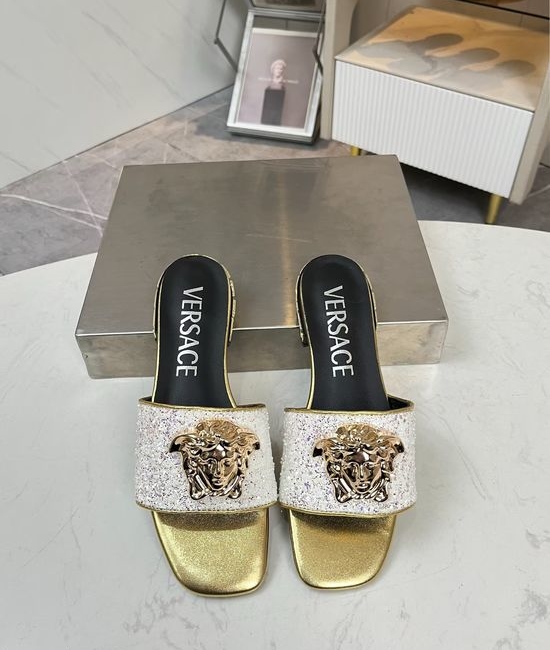 Versace Glitter Flat Slide Sandals With Sheepskin Lining