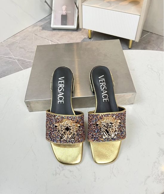 Versace Glitter Flat Slide Sandals With Sheepskin Lining