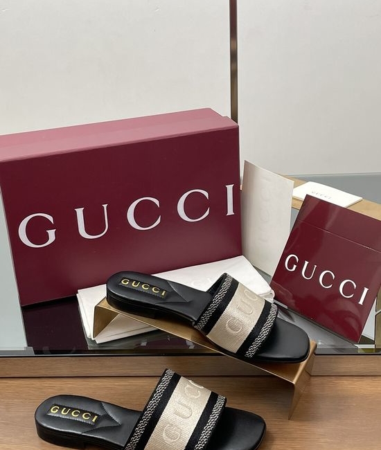 Gucci Embroidered Logo Canvas Flat Open Toe Sandals