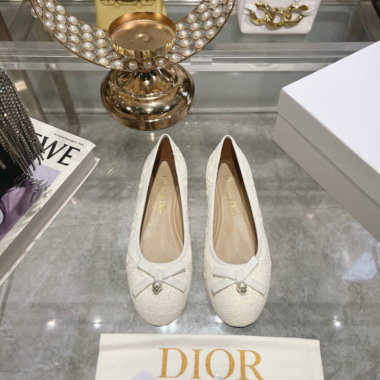 Christian Dior CD Woven Flat Shoes Bow Pearl Accent Premium Quality