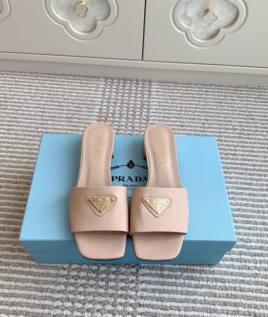 Prada Square Toe Chunky Heel Slide Sandals Premium Leather