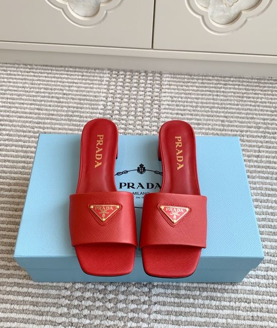 Prada Square Toe Chunky Heel Slide Sandals Premium Leather