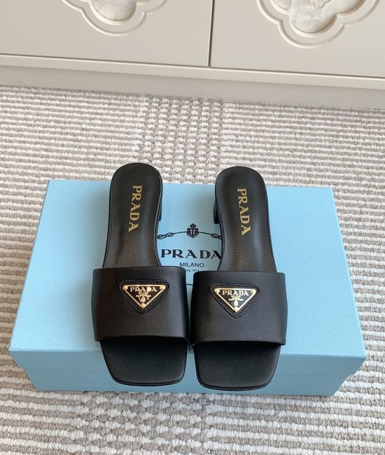 Prada Square Toe Chunky Heel Slide Sandals Premium Leather