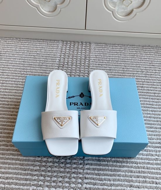 Prada Square Toe Chunky Heel Slide Sandals Premium Leather