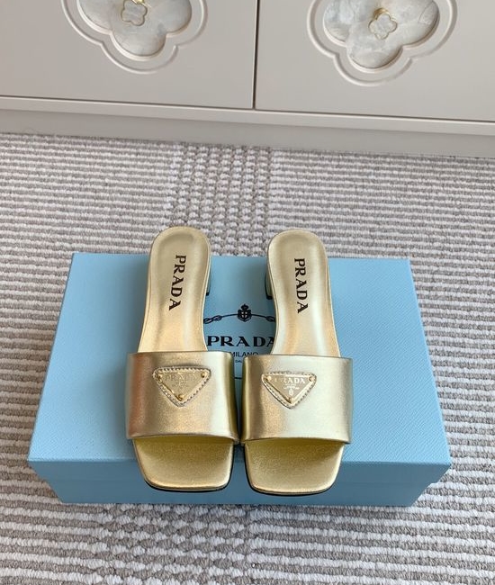 Prada Square Toe Chunky Heel Slide Sandals Premium Leather