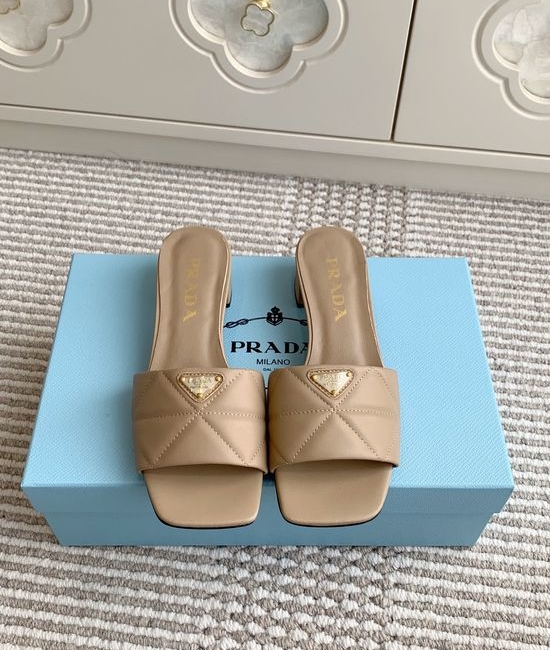 Prada Square Toe Chunky Heel Slide Sandals Premium Leather