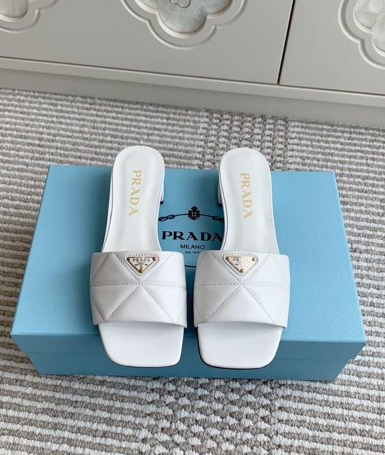 Prada Square Toe Chunky Heel Slide Sandals Premium Leather