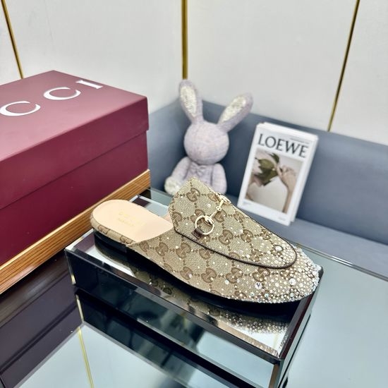 Gucci Rhinestone Embellished Canvas Slip On Loafer Mules