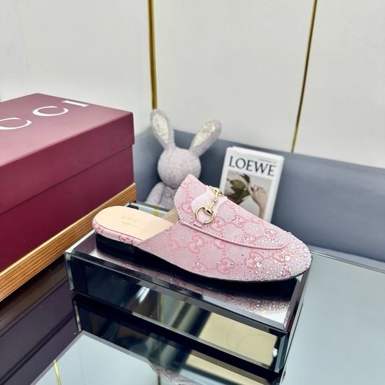Gucci Rhinestone Embellished Canvas Slip On Loafer Mules