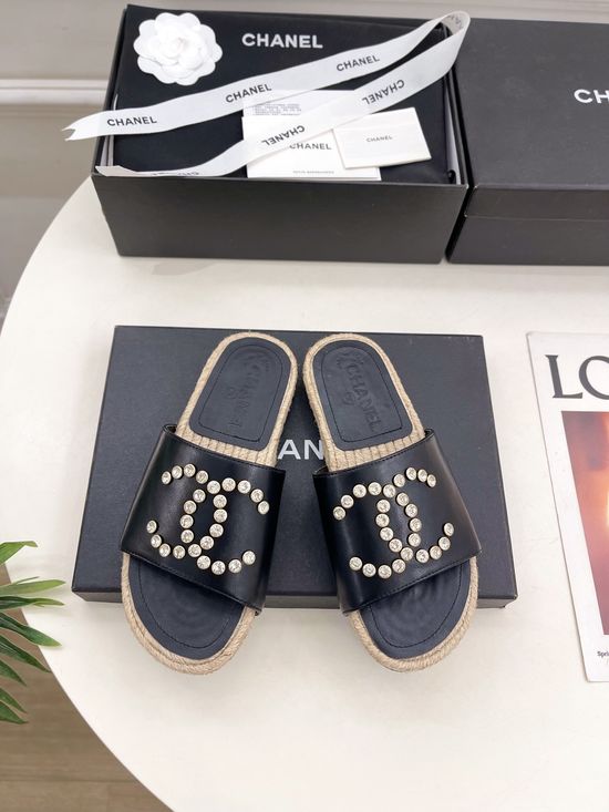 Chanel Rhinestone Straw Woven Fisherman Slides Classic Design