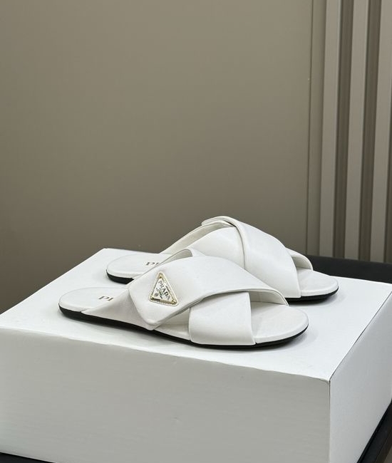 Prada Cross Strap Flat Slides Premium Sheepskin Upper