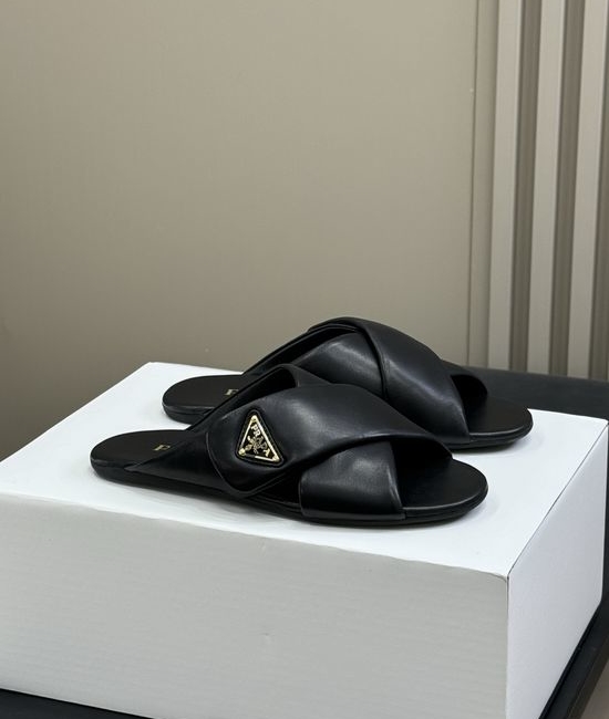 Prada Cross Strap Flat Slides Premium Sheepskin Upper