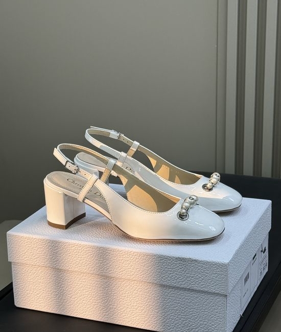 Christian Dior CD Patent Leather Pearl Block Heel Slingback Shoes