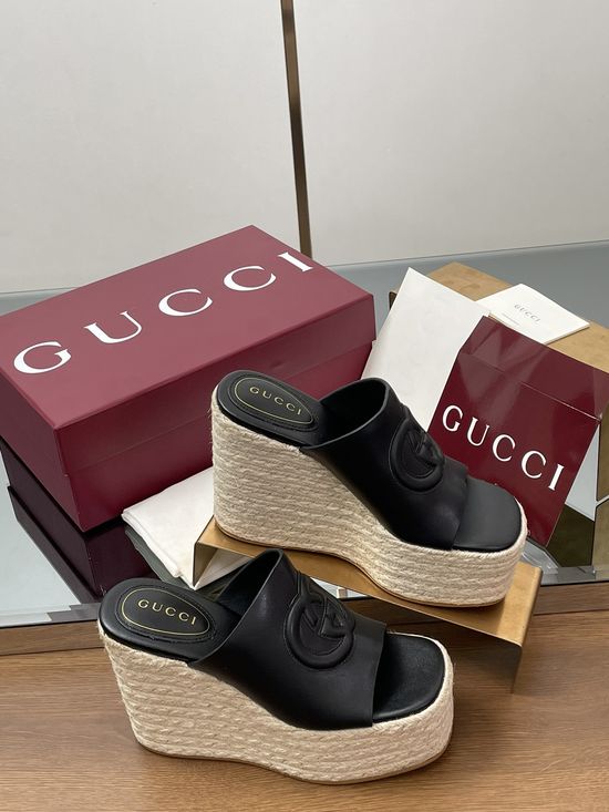 Gucci Espadrille Platform Wedge Sandals With Interlocking Emblem