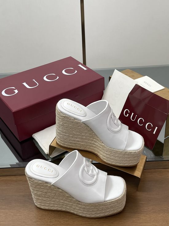Gucci Espadrille Platform Wedge Sandals With Interlocking Emblem