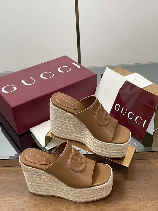 Gucci Espadrille Platform Wedge Sandals With Interlocking Emblem