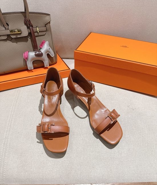 Hermes Classic Buckle Decor Leather High Heel Sandals