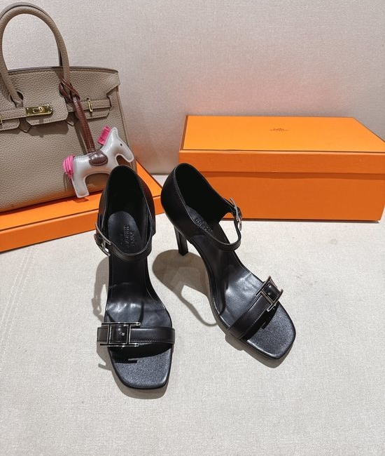 Hermes Elegant High Heel Sandals with Decorative Buckle Detail