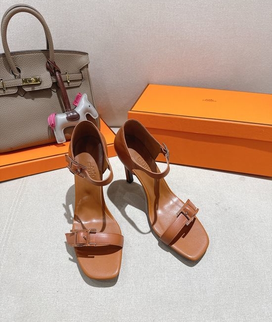 Hermes Elegant High Heel Sandals with Decorative Buckle Detail