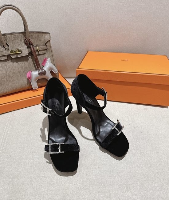 Hermes Elegant High Heel Sandals with Decorative Buckle Detail