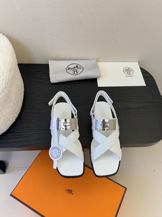 Hermes Square Toe Leather Sandals with Metal Buckle