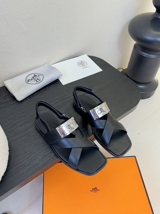 Hermes Square Toe Leather Sandals with Metal Buckle