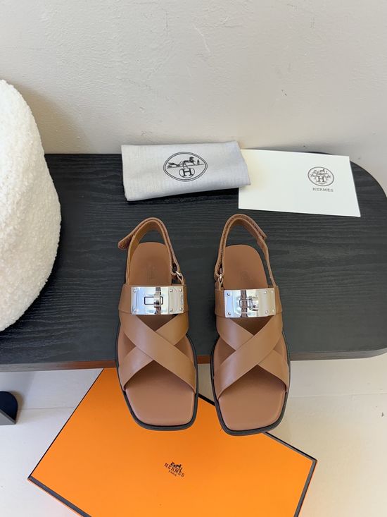 Hermes Square Toe Leather Sandals with Metal Buckle