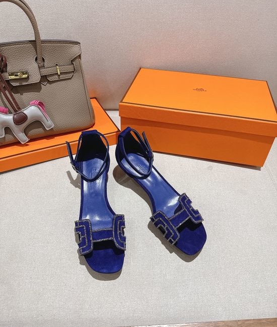 Hermes Square Toe Rhinestone Low Heel Comfortable Dress Sandals