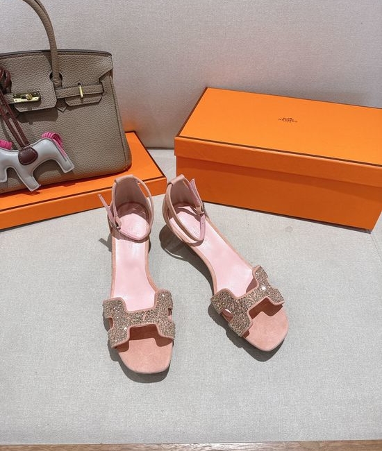 Hermes Square Toe Rhinestone Low Heel Comfortable Dress Sandals