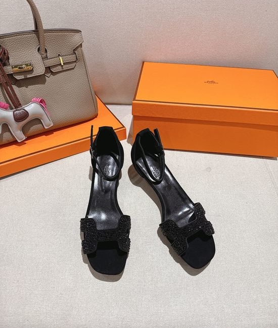 Hermes Square Toe Rhinestone Low Heel Comfortable Dress Sandals