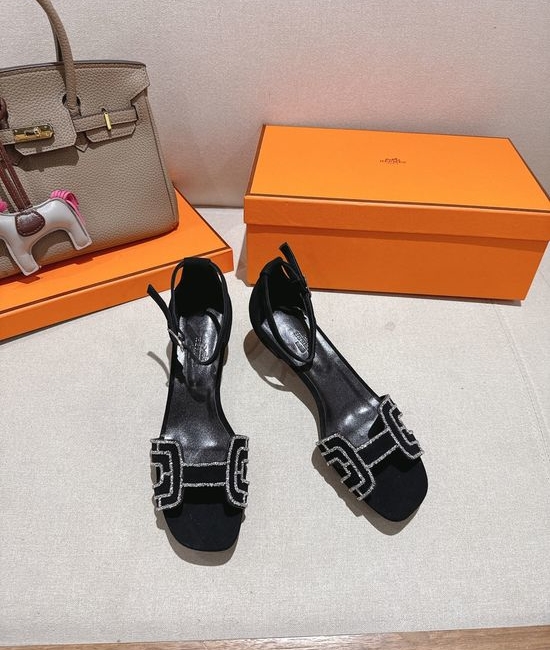 Hermes Square Toe Rhinestone Low Heel Comfortable Dress Sandals