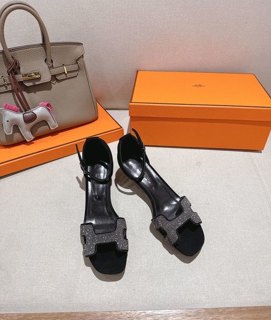Hermes Square Toe Rhinestone Low Heel Comfortable Dress Sandals