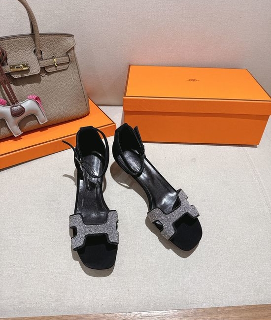 Hermes Square Toe Rhinestone Low Heel Comfortable Dress Sandals