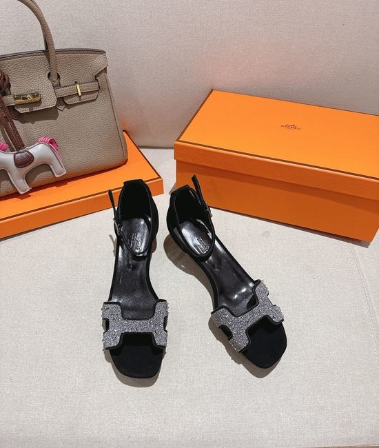 Hermes Square Toe Rhinestone Low Heel Comfortable Dress Sandals