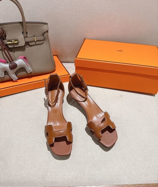 Hermes Square Toe Leather High Heel Comfortable Sandals