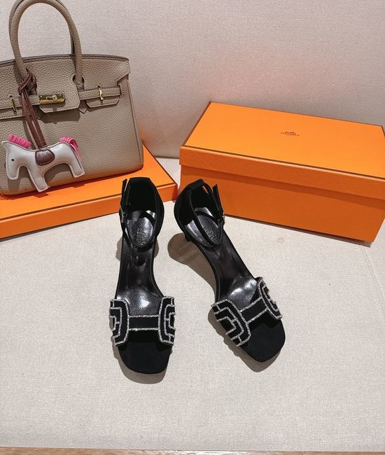 Hermes Square Toe Rhinestone Block Heel Comfortable Dress Sandals