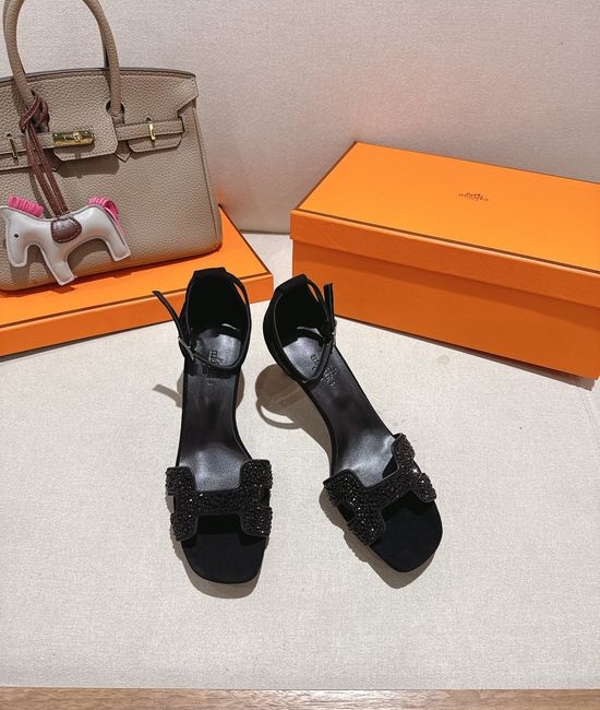 Hermes Square Toe Rhinestone Block Heel Comfortable Dress Sandals