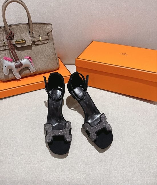 Hermes Square Toe Rhinestone Block Heel Comfortable Dress Sandals