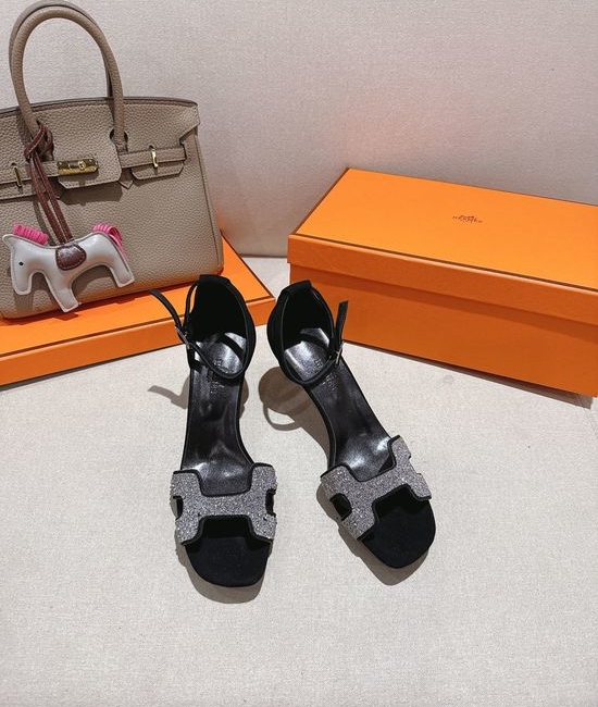 Hermes Square Toe Rhinestone Block Heel Comfortable Dress Sandals