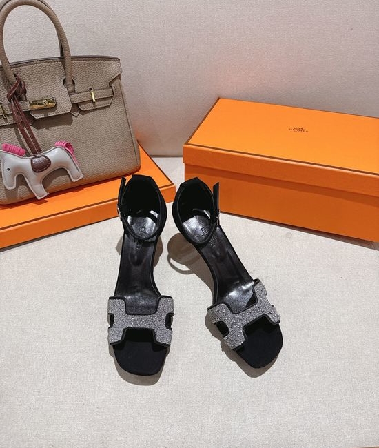 Hermes Square Toe Rhinestone Block Heel Comfortable Dress Sandals