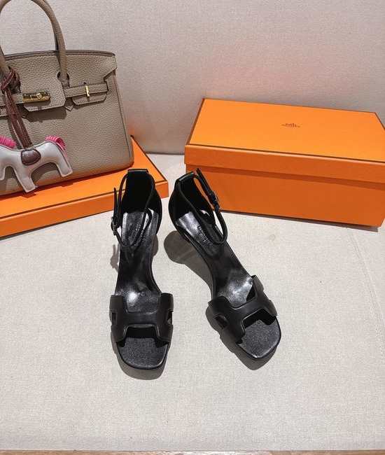 Hermes Square Toe Leather Block Heel Comfortable Dress Sandals