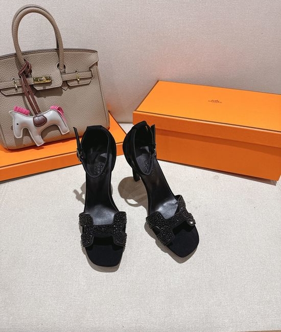 Hermes Square Toe Rhinestone High Heel Elegant Sandals