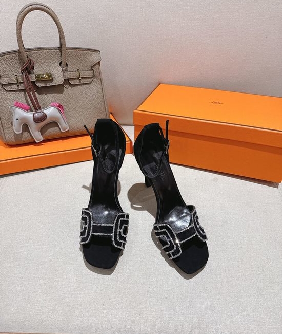 Hermes Square Toe Rhinestone High Heel Elegant Sandals