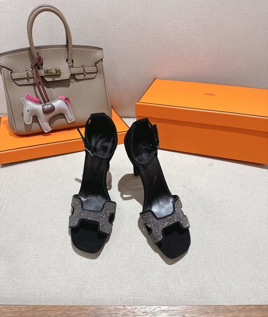 Hermes Square Toe Rhinestone High Heel Elegant Sandals